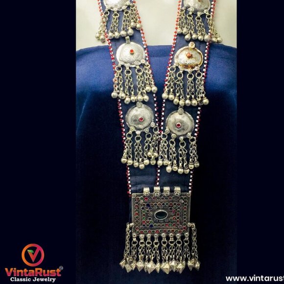 Vintage Long Chain Turkmen Big Pendant Style Necklace, Tribal Pendant Necklace - Picture 1 of 8
